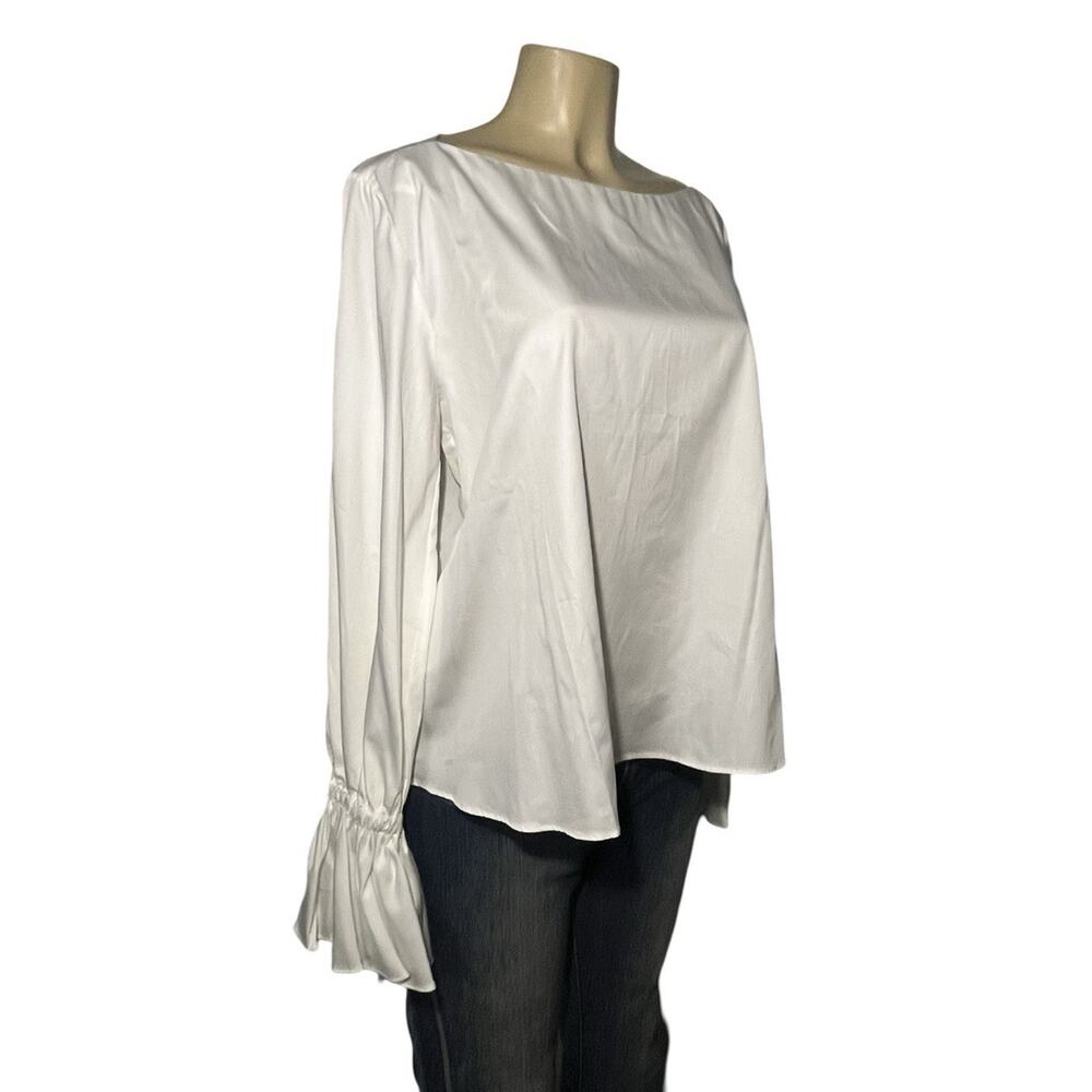 White Blouse Womens Medium Ruffle Long Sleeve Anna‎ Poplin Cotton Something Navy